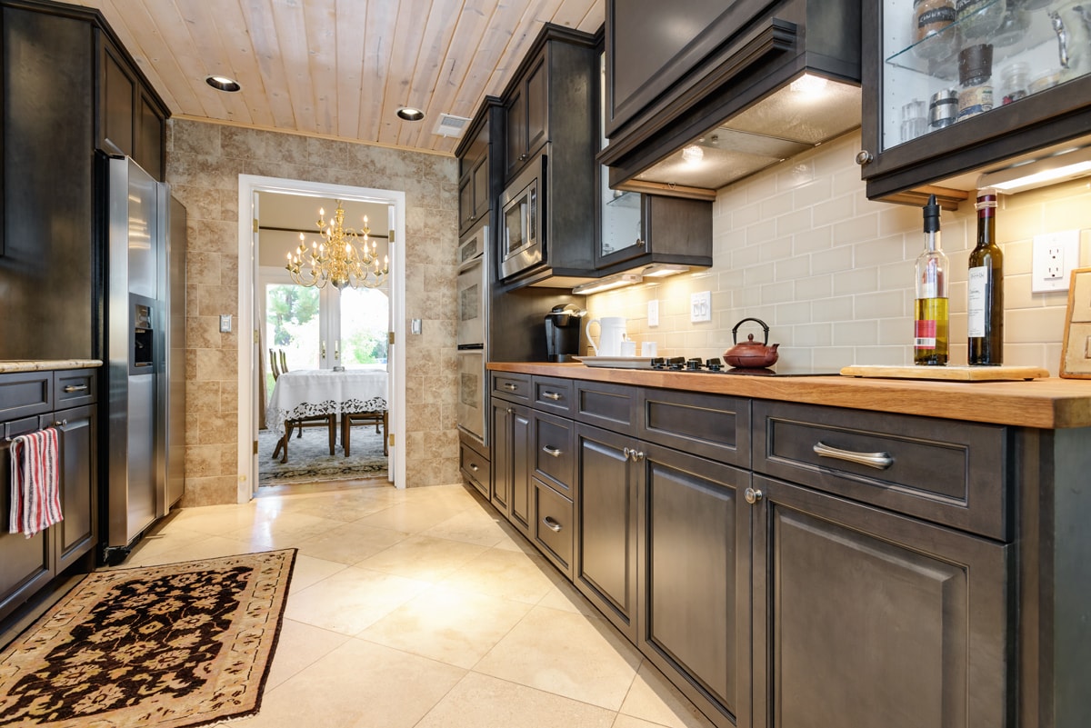 Dark grey galley style kitchen.