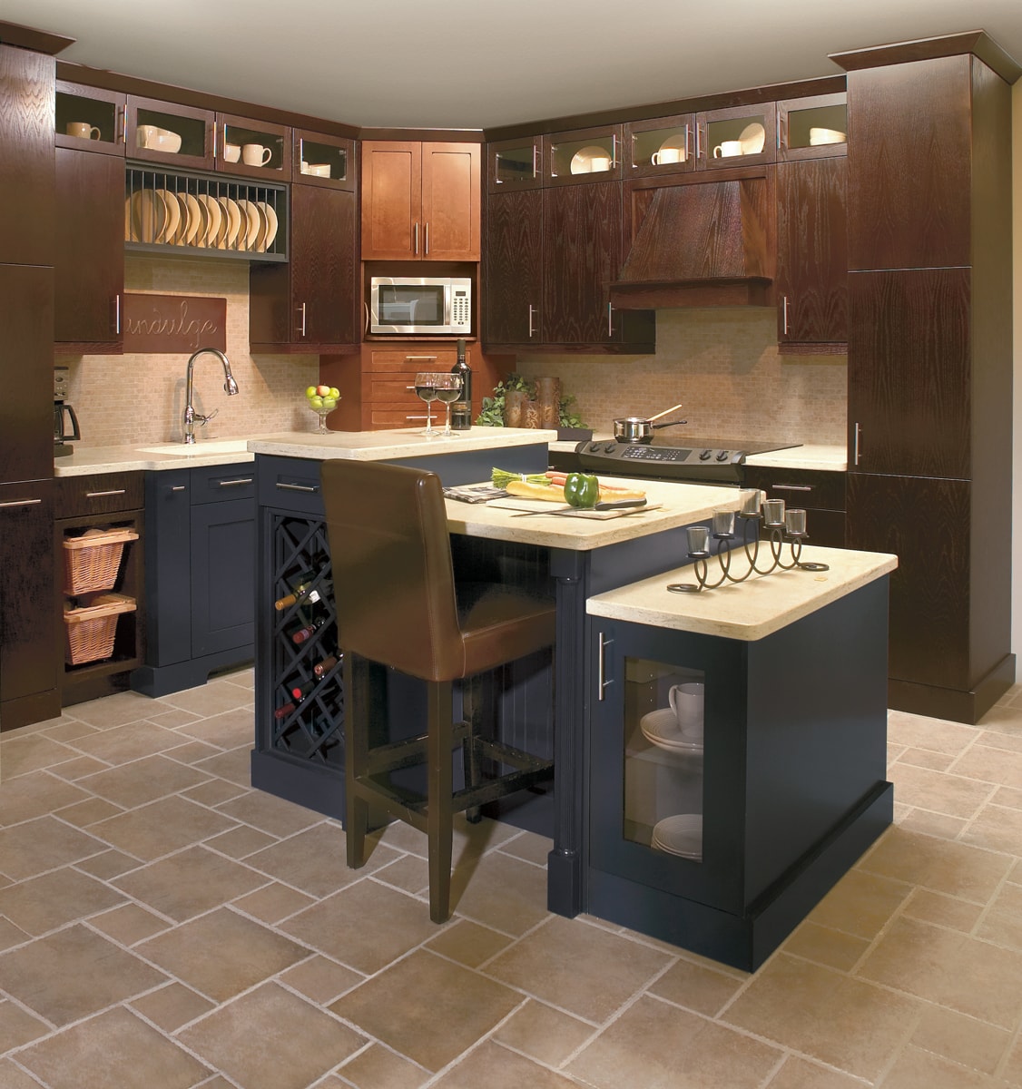 Three tier kitchen island with bar seating and a built-in wine rack.